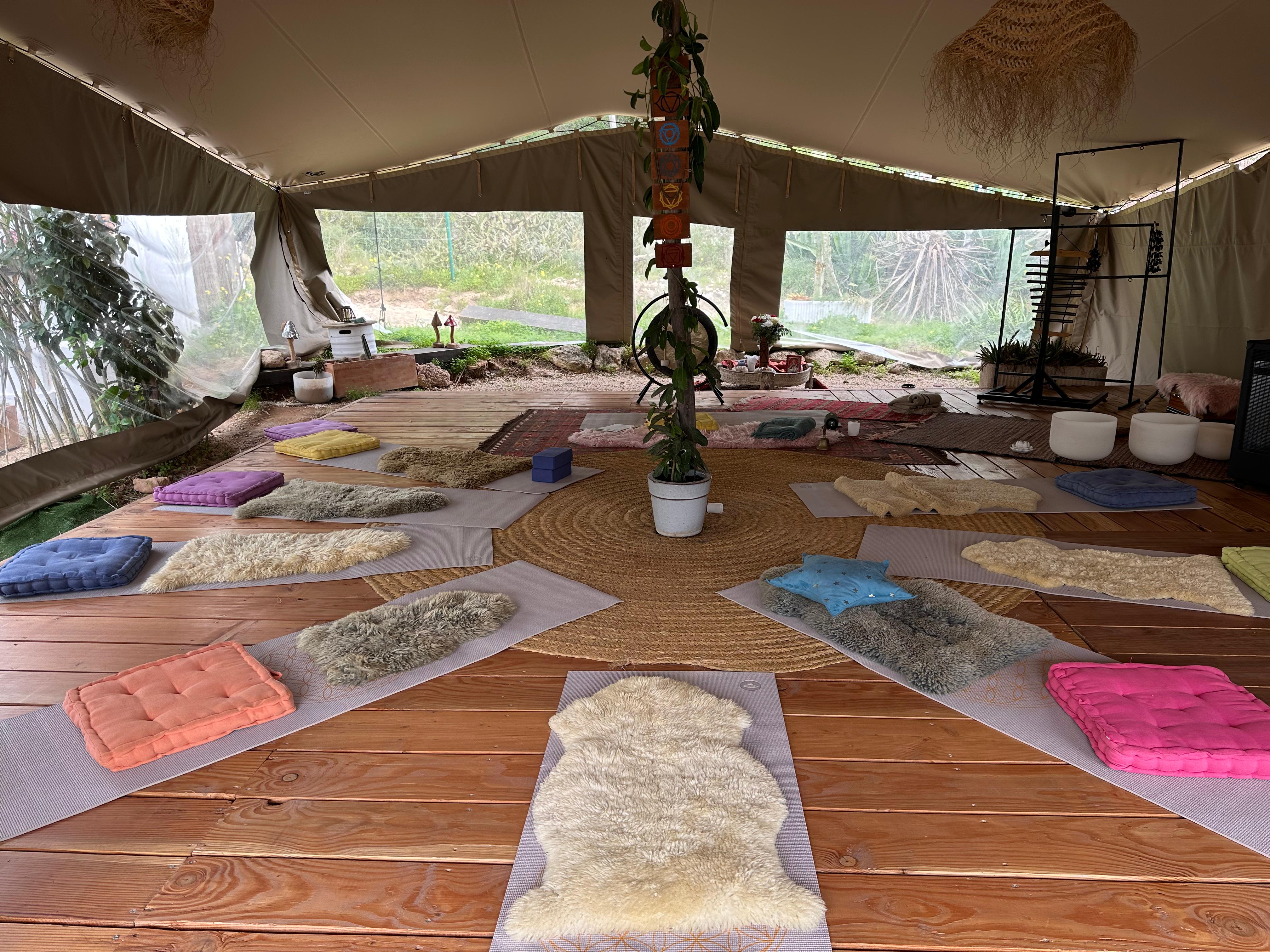 Outdoor yoga room with mats